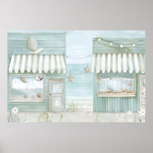 cute illustration coastal living beach scene poster