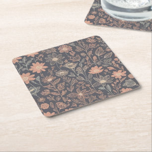 Cute illustration graphic line drawn flowers square paper coaster