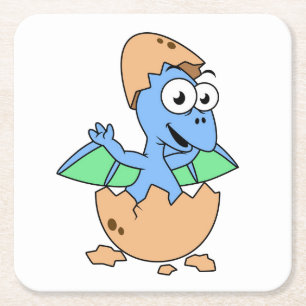 Cute Illustration Of A Baby Pterodactyl Hatching. Square Paper Coaster