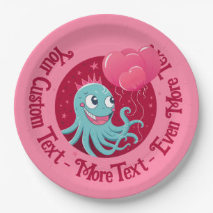 Cute illustration of an octopus holding balloons paper plate