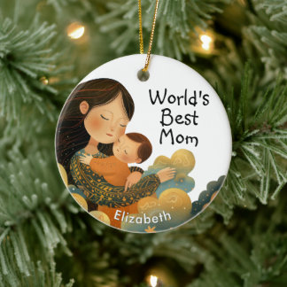 Cute Illustration of Mother & Child | Mother's Day Ceramic Tree Decoration