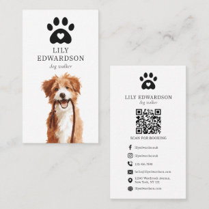 Cute Illustration Pet Dog Walker Paw Print QR Code Business Card