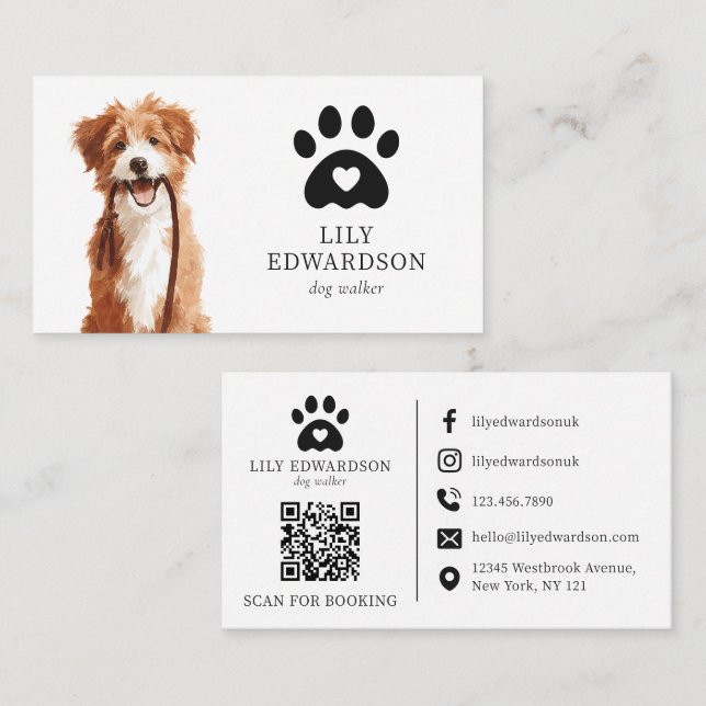 Cute Illustration Pet Dog Walker Sitter QR Code Business Card (Front/Back)