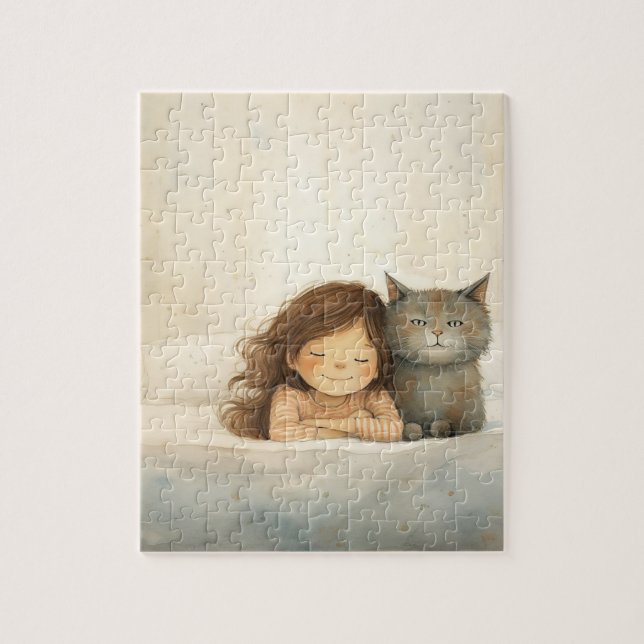 Cute image of little girl and cat jigsaw puzzle (Vertical)