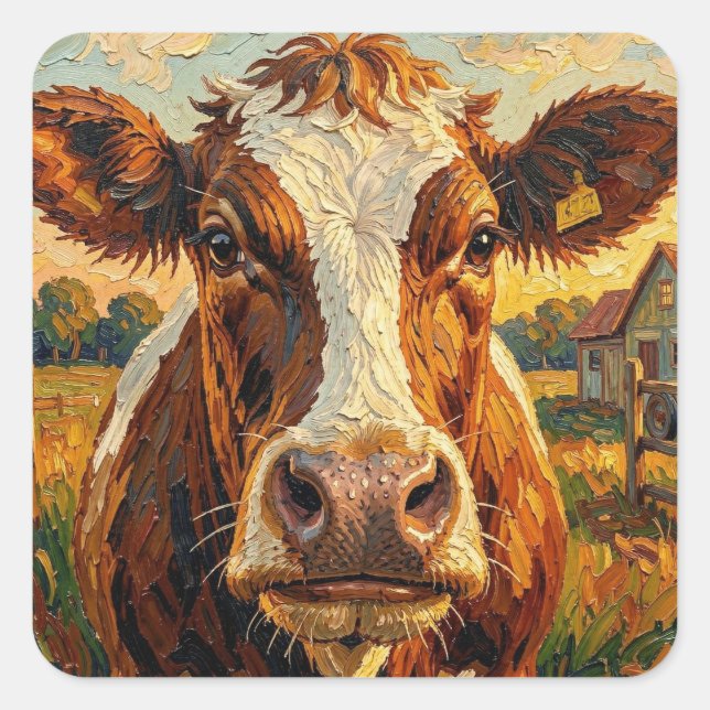 Cute Impasto Cow on Farm Blank Square Sticker (Front)