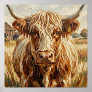 Cute Impasto Cow on Rustic Ranch Poster