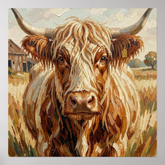 Cute Impasto Cow on Rustic Ranch Poster (Front)