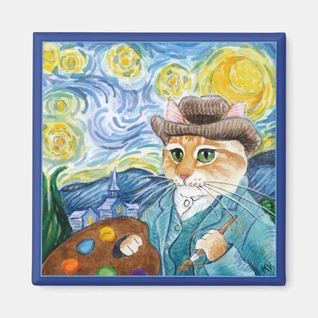 Cute impressionist cat, Van Gogh, Starry Night Magnet (Front)