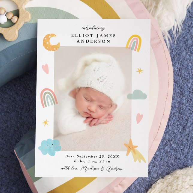 Cute In the Clouds Rainbow & Stars Photo Birth Announcement (Creator Uploaded)