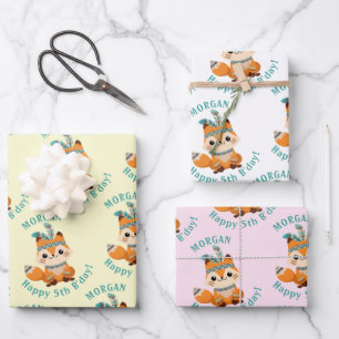 Cute Indian Fox, Name & Birthday, 3 Colours Wrapping Paper Sheet