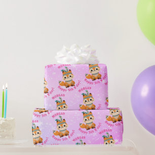 Cute Indian Fox, Name & Birthday, Pale Pink, Stars Wrapping Paper