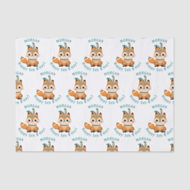 Cute Indian Fox, Personalise Name & Birthday Tissue Paper (Front)