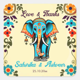 Cute Indian wedding elephant thank you favour Square Sticker