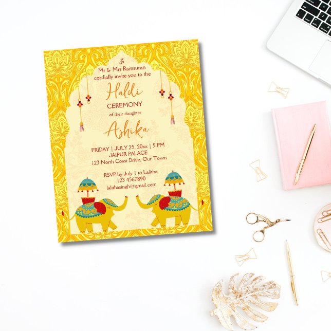 Cute Indian wedding elephants budget haldi invite (Joly Indian wedding elephants yellow oriental pattern background Haldi Budget Invitation)