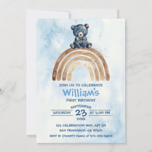 Cute Indigo Watercolor Bear Rainbow Invitation