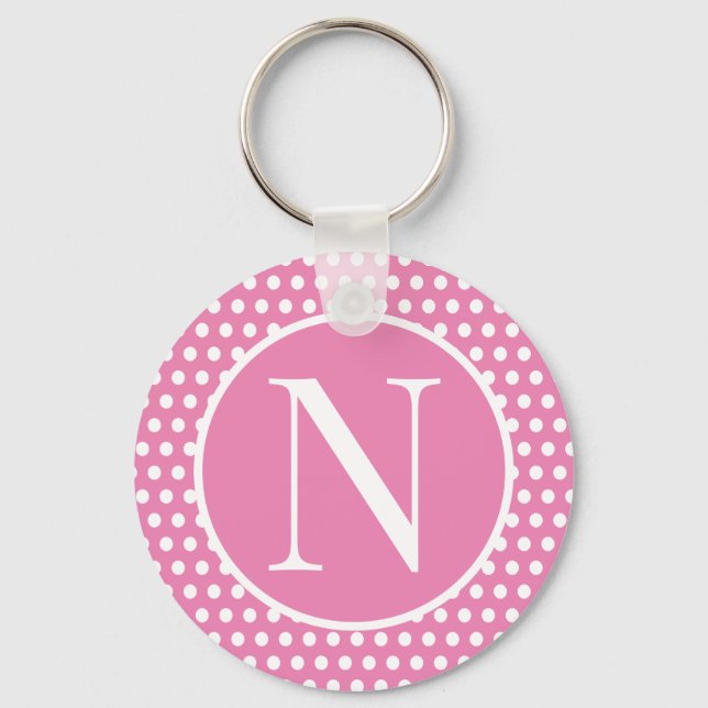Cute initial letter Pink Polka Dots Key Ring (Front)