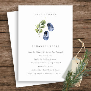 Cute Ink Blue Shoes Foliage Boy Baby Shower Invitation
