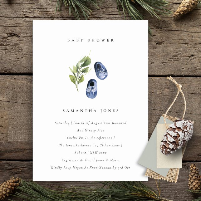 Cute Ink Blue Shoes Foliage Boy Baby Shower Invite (Creator Uploaded)