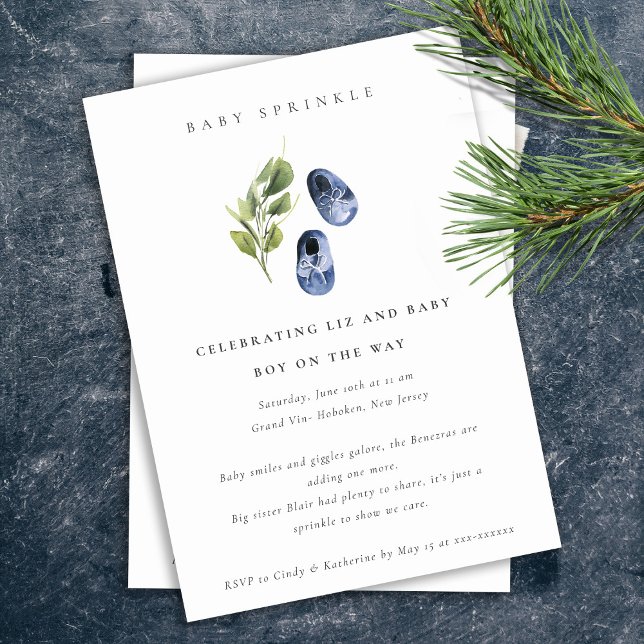 Cute Ink Blue Shoes Foliage Boy Baby Sprinkle Invitation (Creator Uploaded)