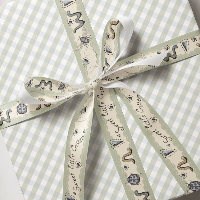 Cute Insect Boho Pastels Blue Sage Cream Baby Boy Grosgrain Ribbon (Cute Baby Insect Sage Pattern for Boy Baby Shower. Hand Drawn Ladybug Bee Worm & Hearts)