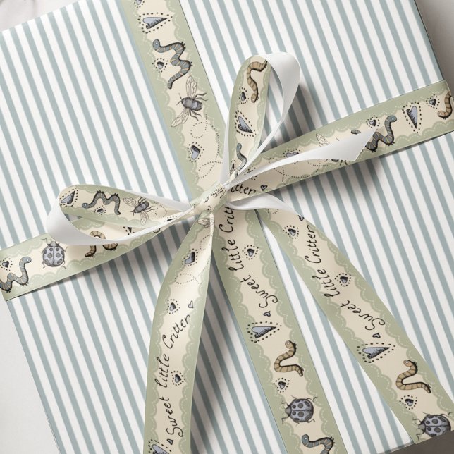 Cute Insect Boho Pastels Blue Sage Cream Baby Boy Grosgrain Ribbon (Baby Shower Insect BugsRibbon in Sage Green, Cream, and French Blue. Blue Hearts and Cute Insects.)