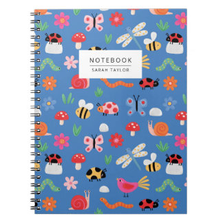 Cute Insects & Nature Pattern in Blue Notebook