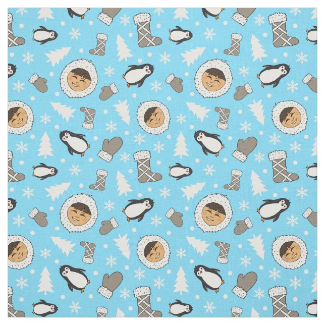 Cute Inuit Alaska Eskimo Children Christmas Print Fabric (Swatch)