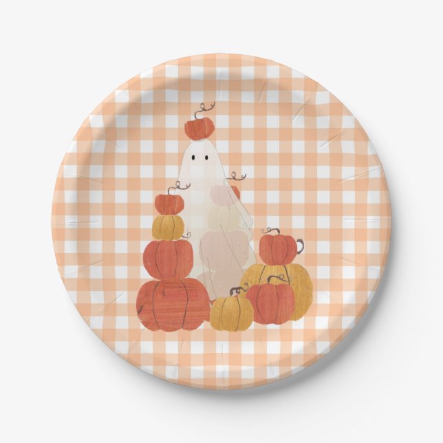 Cute Invisible Halloween Pumpkin Ghost Gingham Paper Plate (Front)