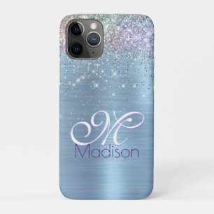 Cute iridescen ice blue faux glitter monogram Case-Mate iPhone case