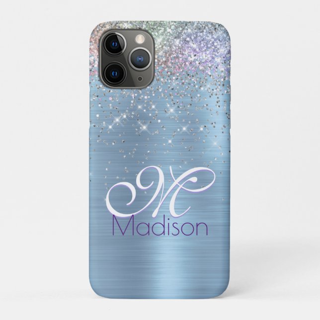 Cute iridescen ice blue faux glitter monogram Case-Mate iPhone case (Back)