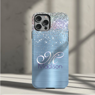 Cute iridescen ice blue faux glitter monogram Case-Mate iPhone case
