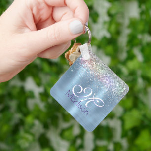 Cute iridescen ice blue faux glitter monogram key ring