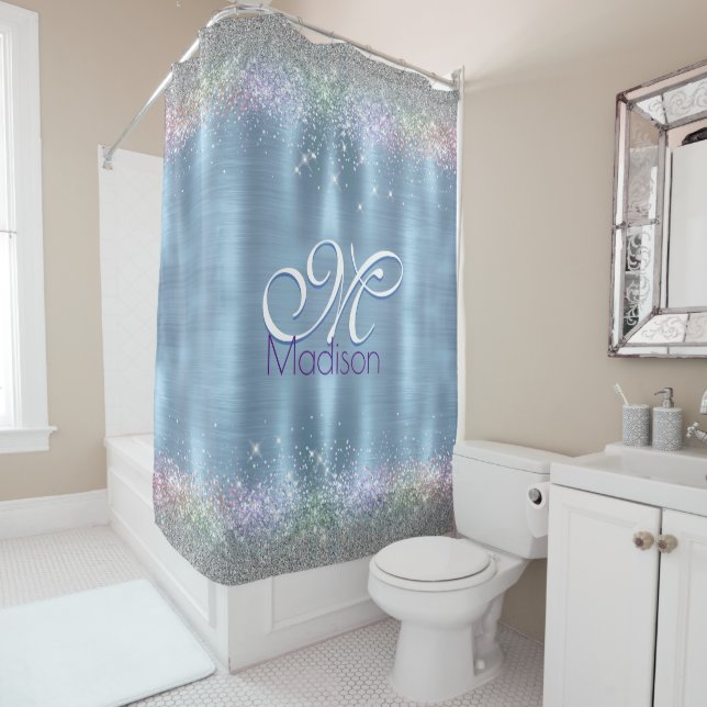 Cute iridescen ice blue faux glitter monogram shower curtain (In Situ)