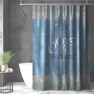 Cute iridescen ice blue faux glitter monogram shower curtain