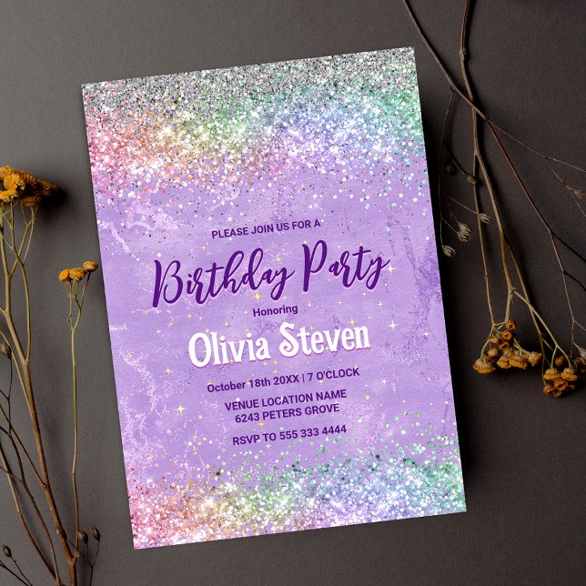 Cute iridescen lilac purple faux glitter invitation (Creator Uploaded)
