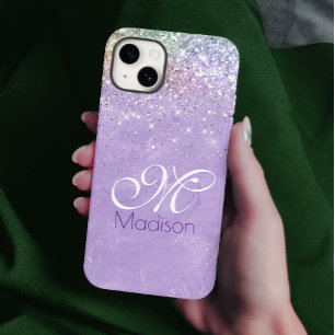 Cute iridescen lilac purple faux glitter monogram iPhone 14 case