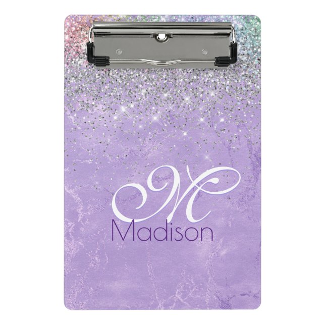 Cute iridescen lilac purple faux glitter monogram mini clipboard (Front)