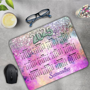 Cute iridescen silver faux glitter monogram 2025 mouse pad