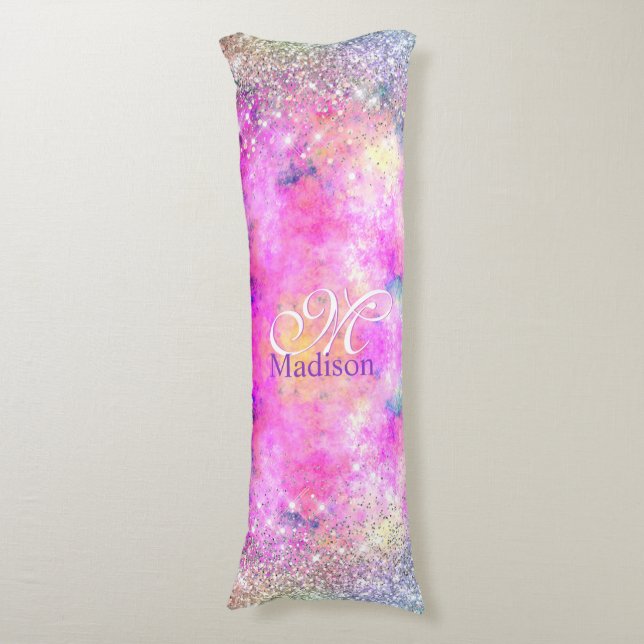 Cute iridescen silver faux glitter monogram body cushion (Front Vertical)