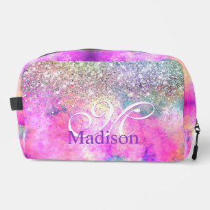 Cute iridescen silver faux glitter monogram  dopp kit