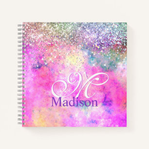 Cute iridescen silver faux glitter monogram notebo notebook