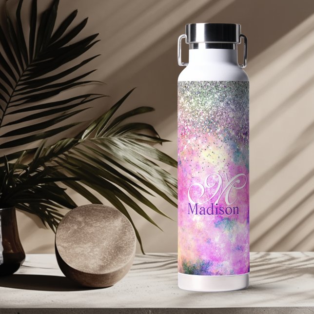 Cute iridescen silver faux glitter monogram notebo water bottle (Creator Uploaded)