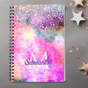 Cute iridescen silver faux glitter monogram notebook