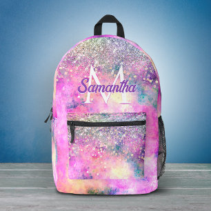 Cute iridescen silver faux glitter monogram printed backpack