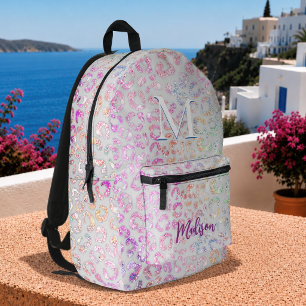 Cute iridescent Animal print glitter monogram Printed Backpack