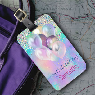 Cute iridescent blue glitter ballons monogram luggage tag