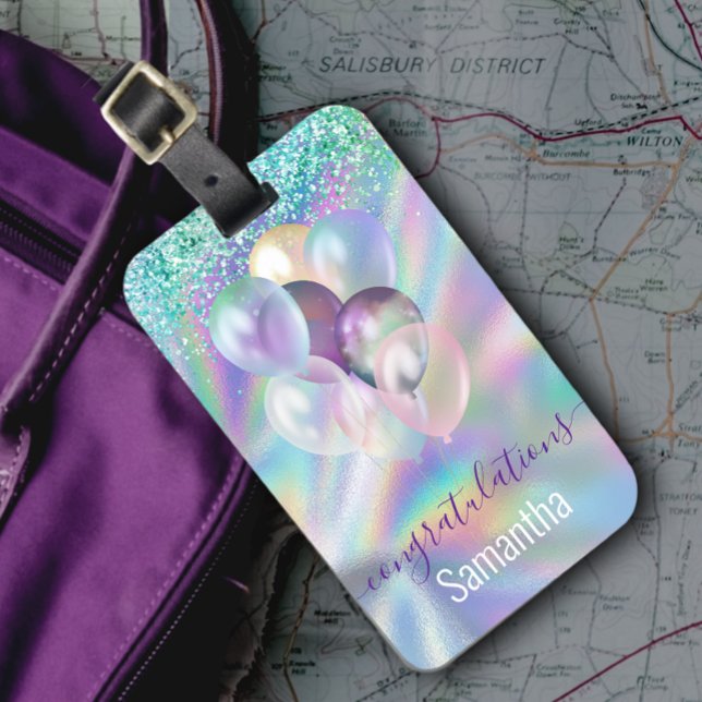 Cute iridescent blue glitter ballons monogram  luggage tag (Creator Uploaded)
