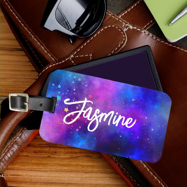 Cute iridescent blue space galaxy monogram luggage tag (Creator Uploaded)