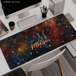 Cute iridescent colourful faux glitter monogram desk mat