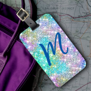 Cute iridescent colourful faux glitter monogram luggage tag